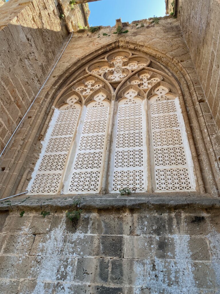 A photo of wooden lattices that replaced stained glass windows in St Nicholas Cathedral - Famagusta, Occupied Cyprus